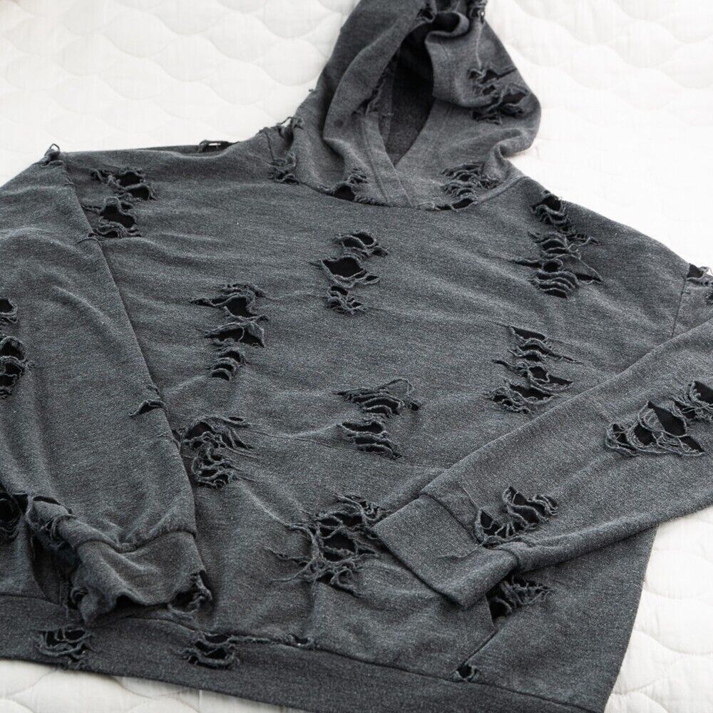 Gaze USA Hoodie Women's M Gray Sweater Top Comfy & Distressed 90s Hip Hop Style